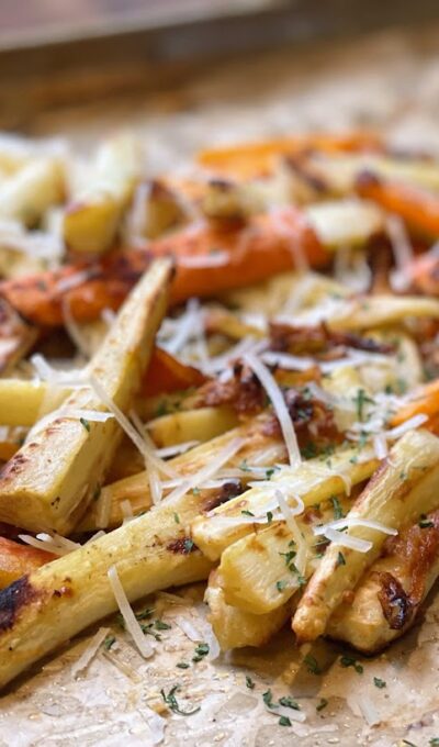 Roasted Garlic Parmesan Parsnips & Carrots